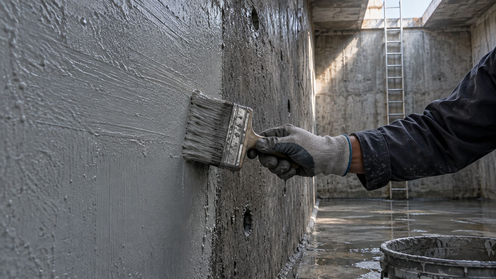 A gloved hand brushing grey crystalline slurry onto damp concrete inside an underground water tank