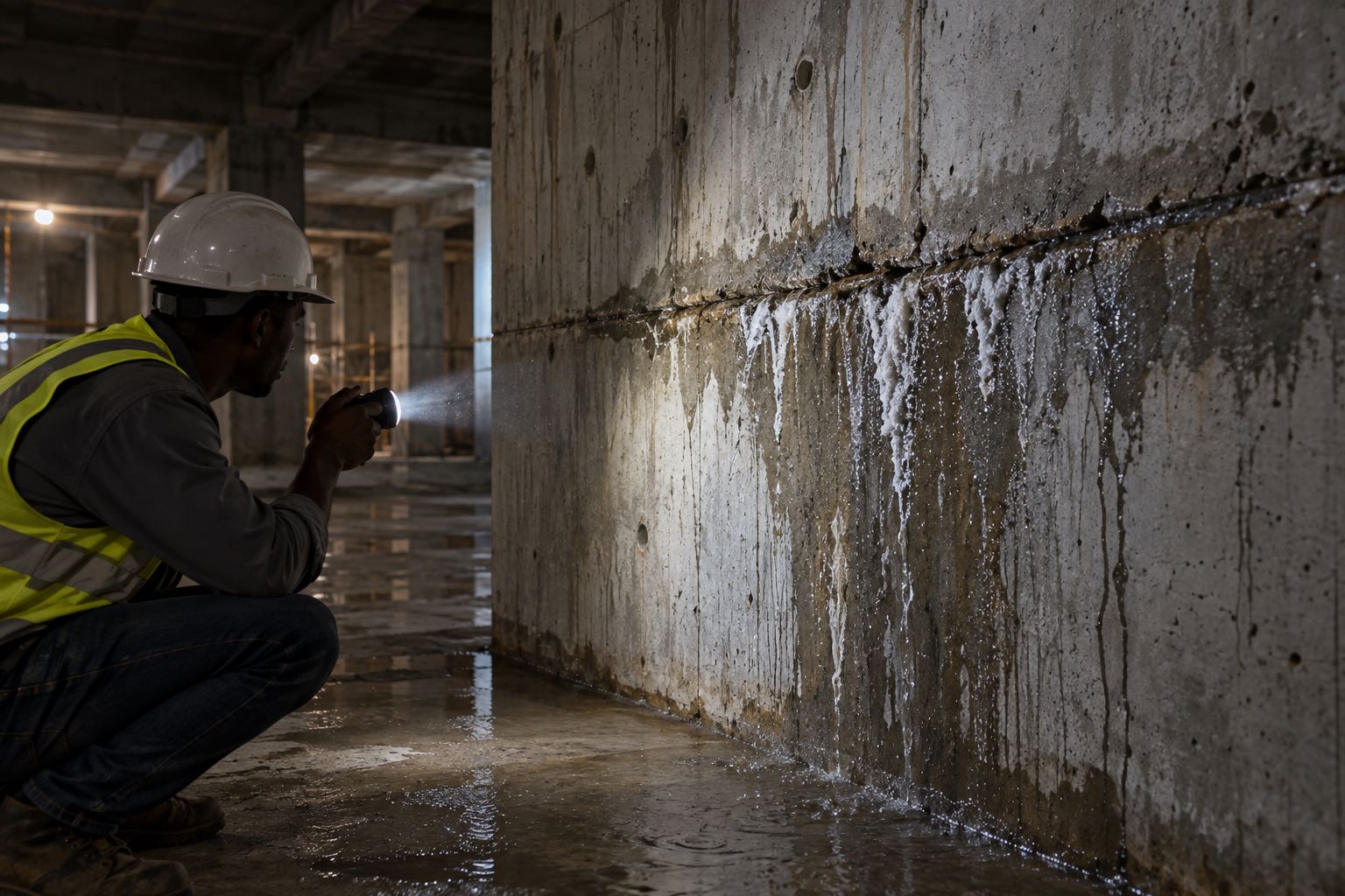 Basement wall with seepage and efflorescence at a construction joint