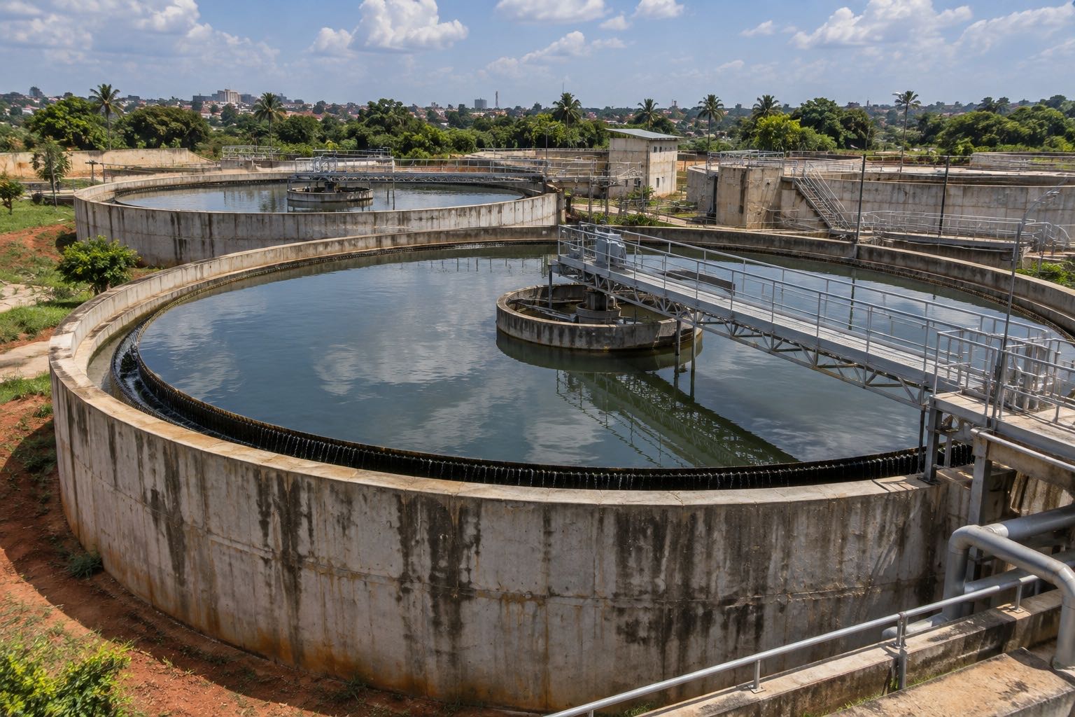 Circular concrete clarifier tanks at a water treatment works