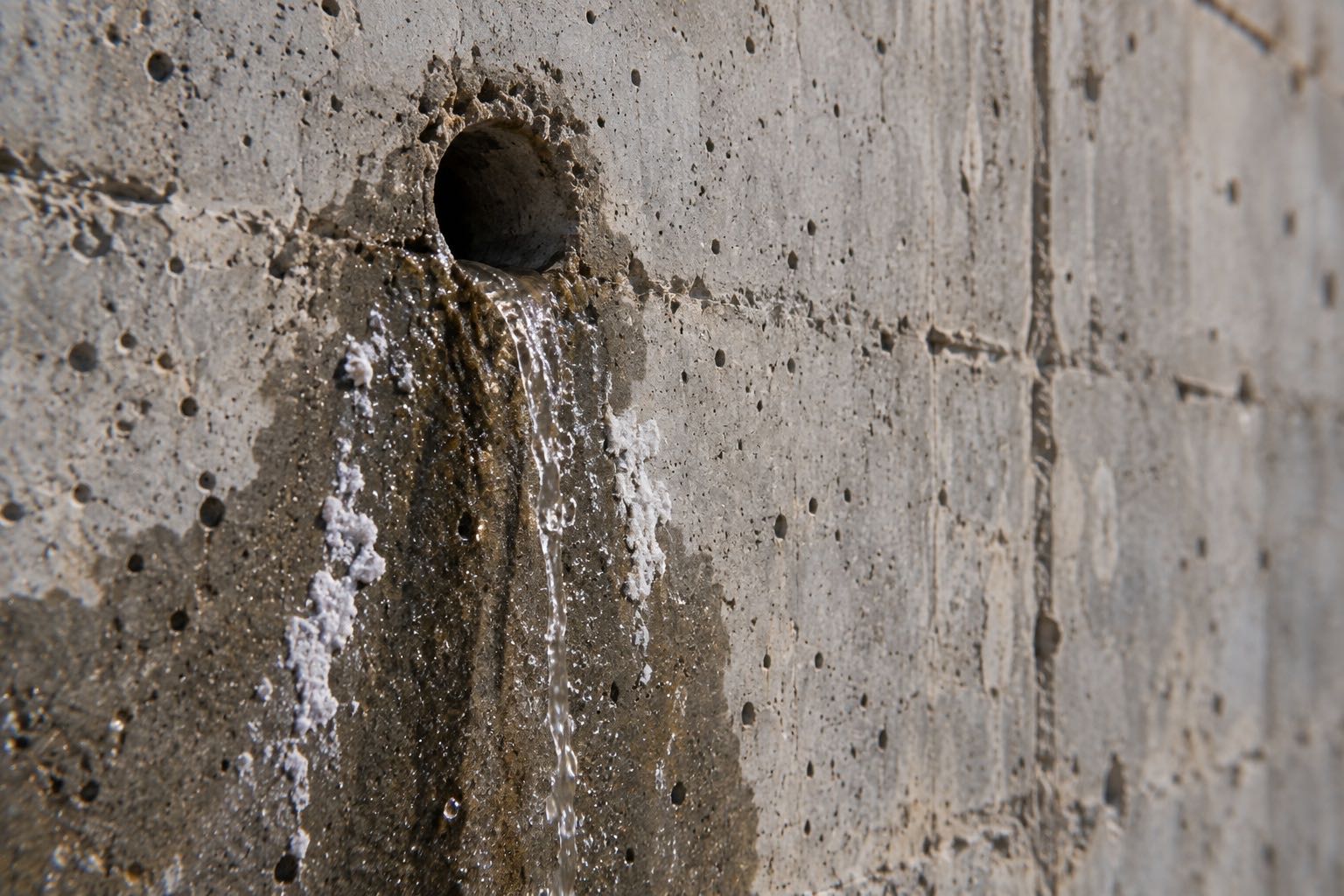 Water trickling from a tie hole in a concrete wall