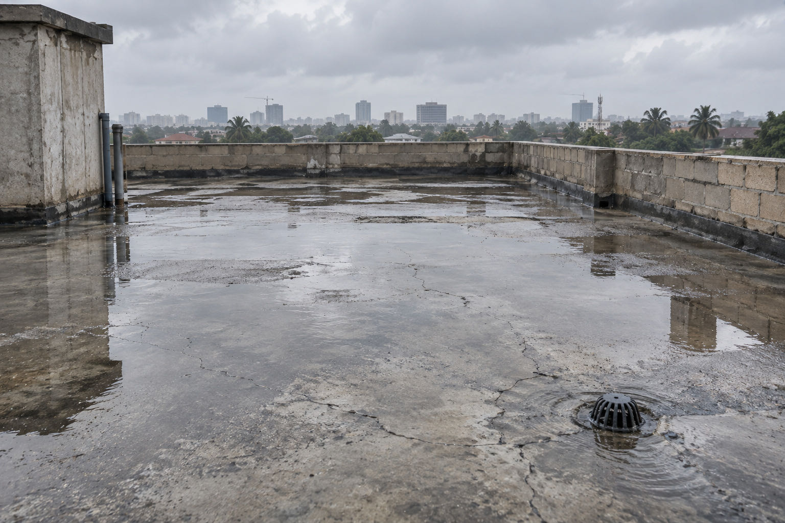 Flat concrete roof slab after rain with ponding water around a drain