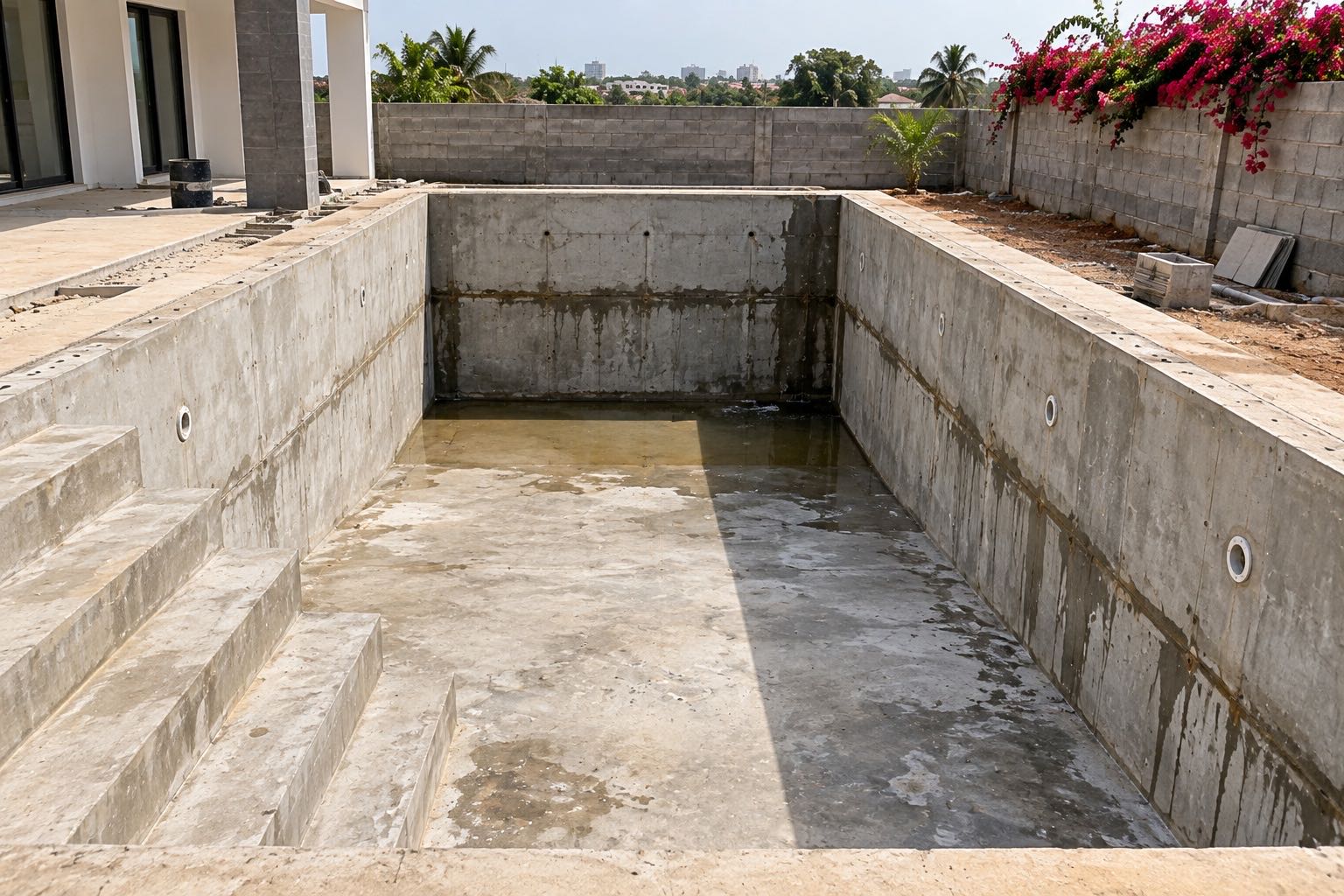 Empty concrete swimming pool shell before tiling