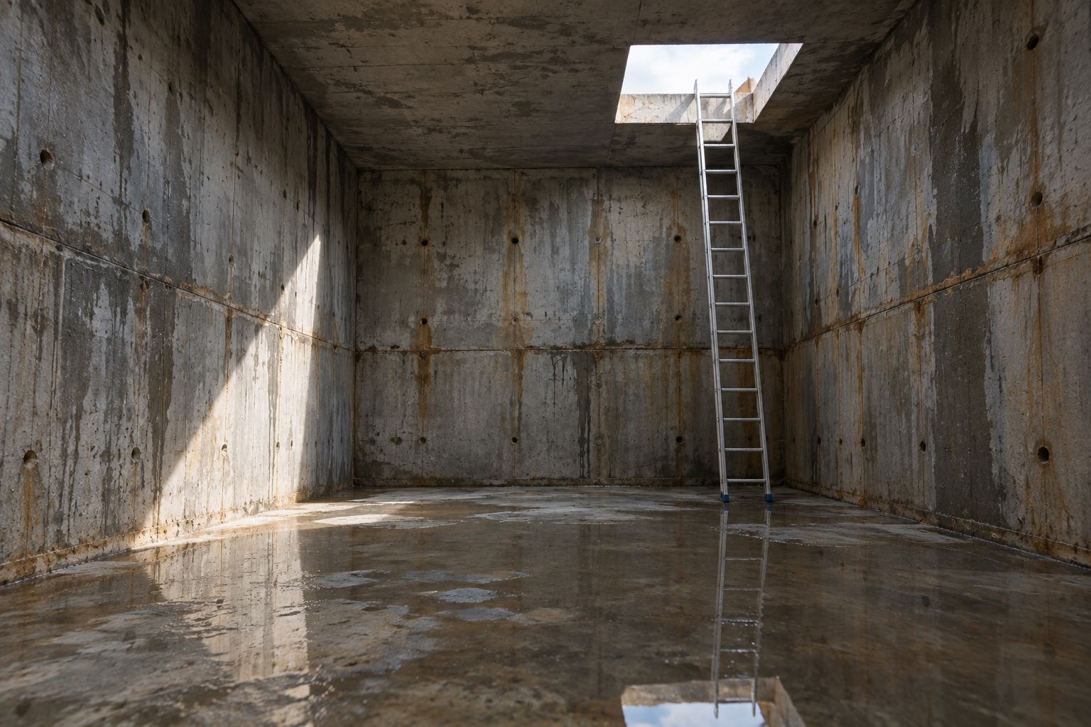 Inside an empty concrete water tank with damp walls and a ladder under an access hatch